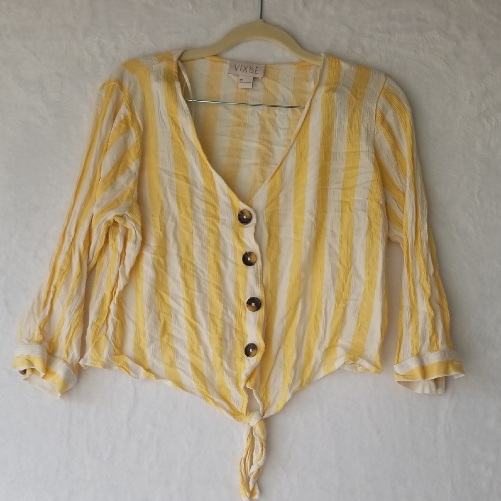 VIXBE Women's Pastel Yellow Striped Button Tie Shirt Size M